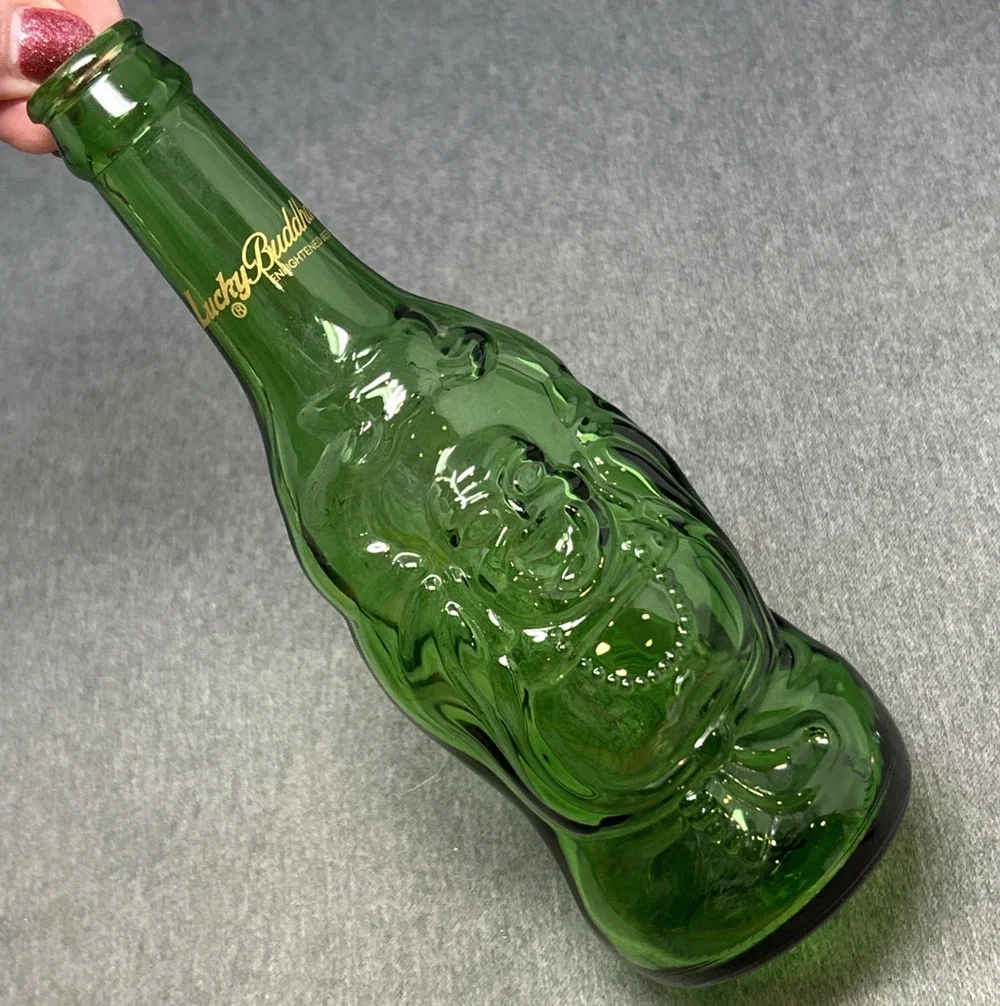 Lucky Buddha Beer Bottle Green Glass Empty Collectible Barware Decor
